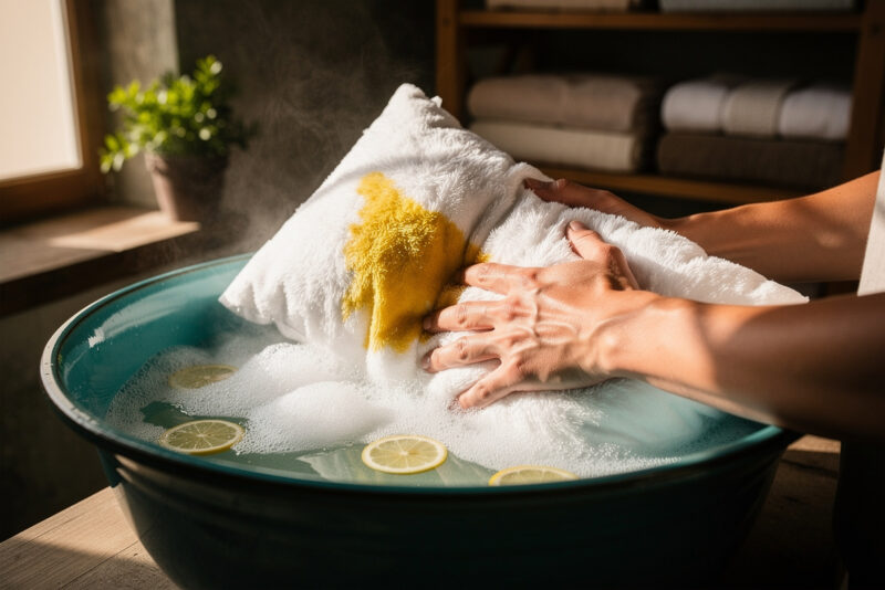 Comment laver un oreiller en plumes jauni à la main ?