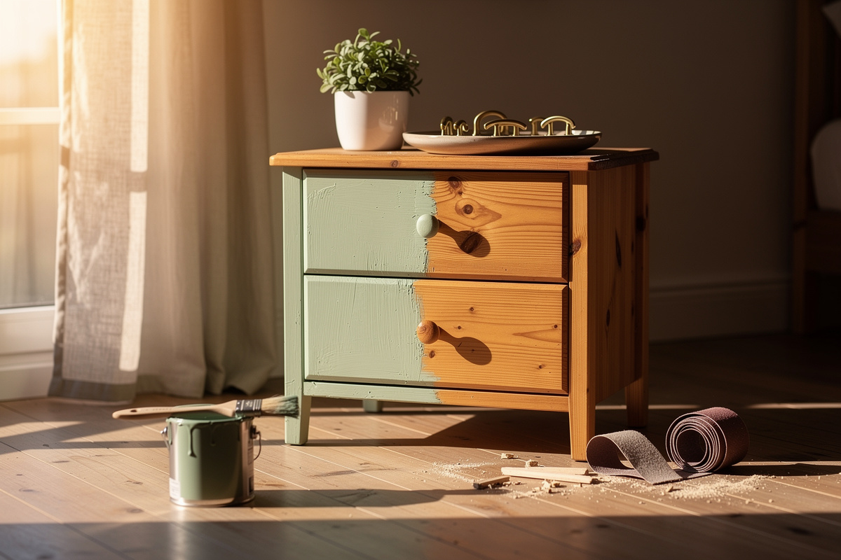 Comment relooker une vieille table de chevet en pin vernis ?
